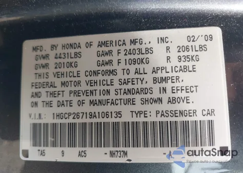 2009 Honda Accord 2.4 Ex from USA, damaged, VIN 1HGCP26719A106135